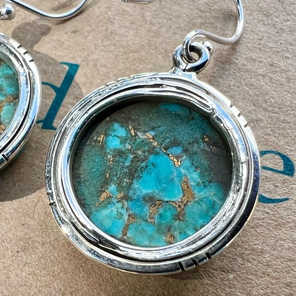 SUNDANCE $198 NEW 1-3/8" Blue Copper Turquoise Handmade Sterling Silver Earrings - Picture 8 of 16